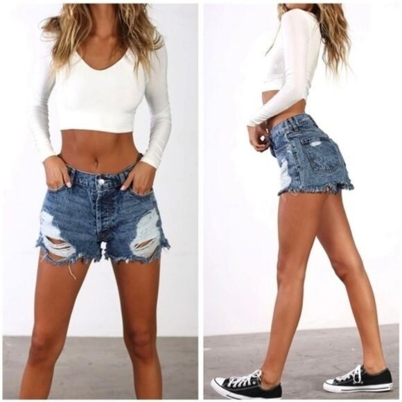 REVICE high waisted denim shorts Malibu cut off Distressed frayed hem 25 - Picture 8 of 8